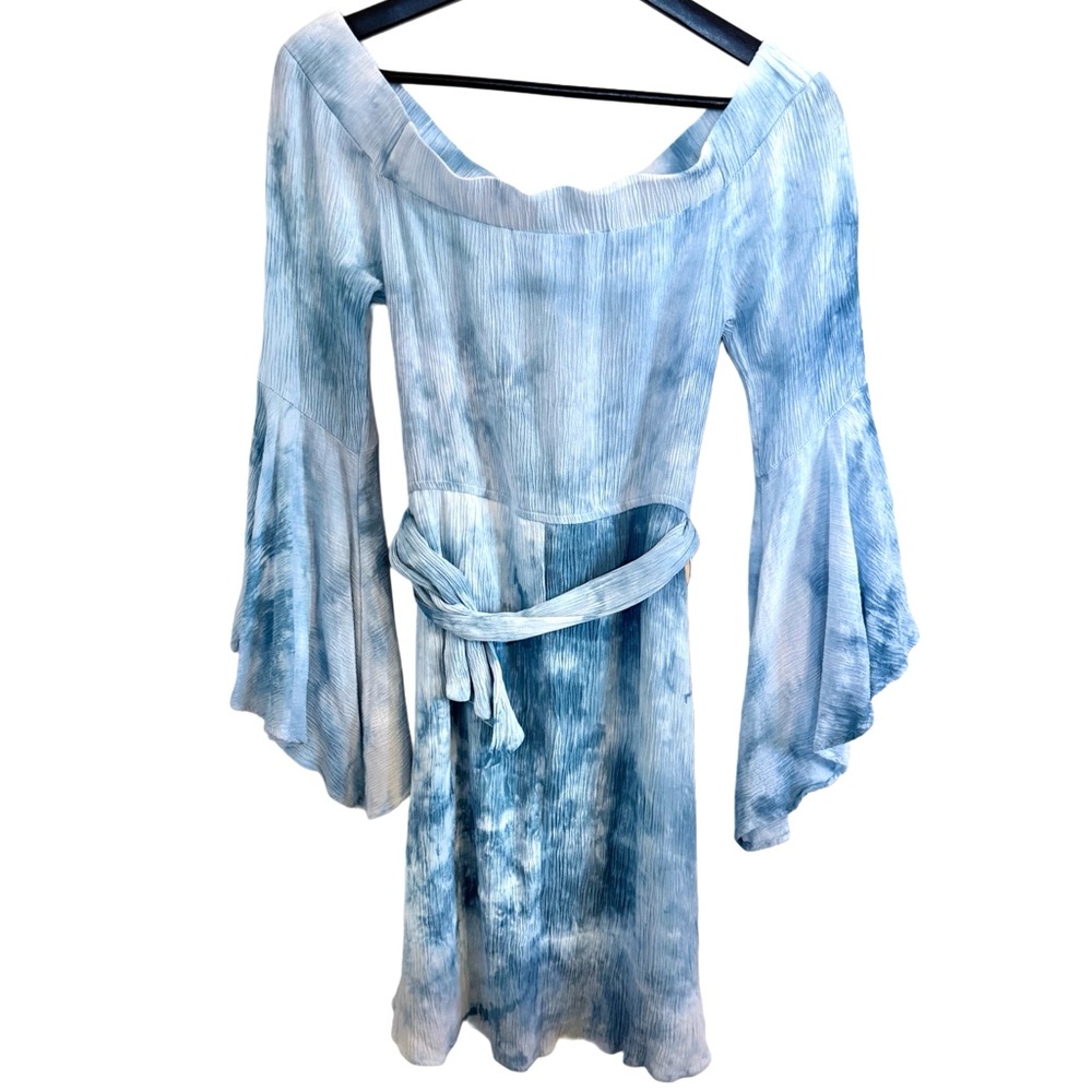 VENUS Sky Blue Tie Dye Bell Sleeve Belted Boho Mini Off Shoulder Rayon Size 6 - Picture 14 of 17